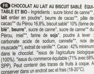 Chocolat au lait biscuit sable prits ingredients label