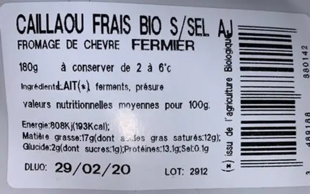 Fromage de chevre frais bio nutrition facts table