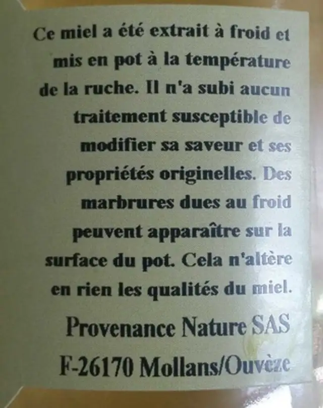 Miel d'Acacia ingredients label