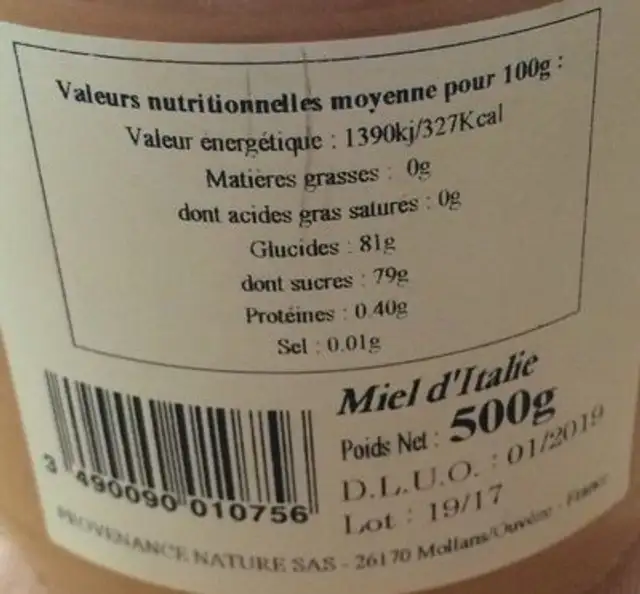 Miel pommier d'Italie ingredients label