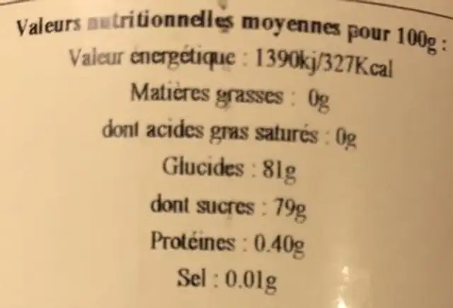 Miel Oranger nutrition facts table