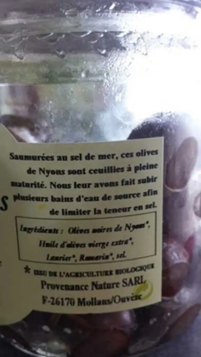 Olives Noires Nyons ingredients label