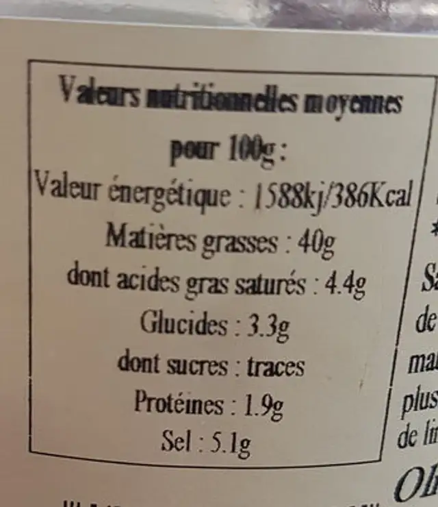 Olives Noires Nyons nutrition facts table