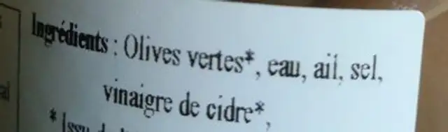 Olives vertes à l'ail ingredients label