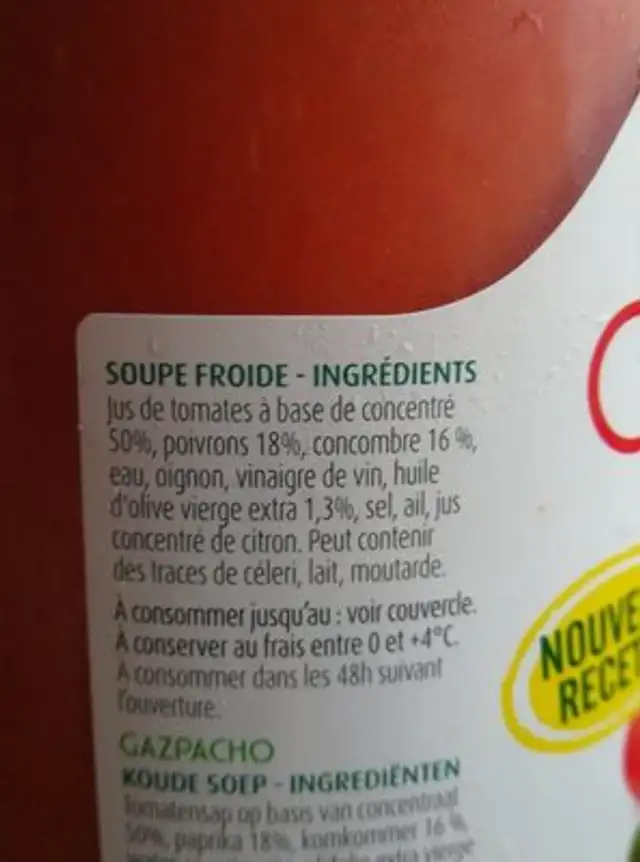 Gaspacho à l'andalouse ingredients label