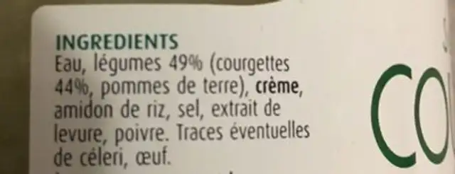 Supreme de courgettes ingredients label