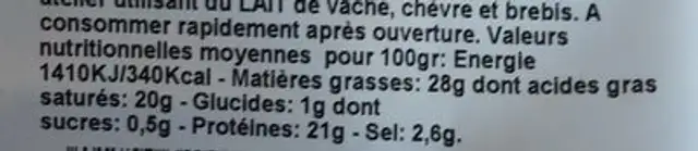 Bleu Doux 26 % nutrition facts table