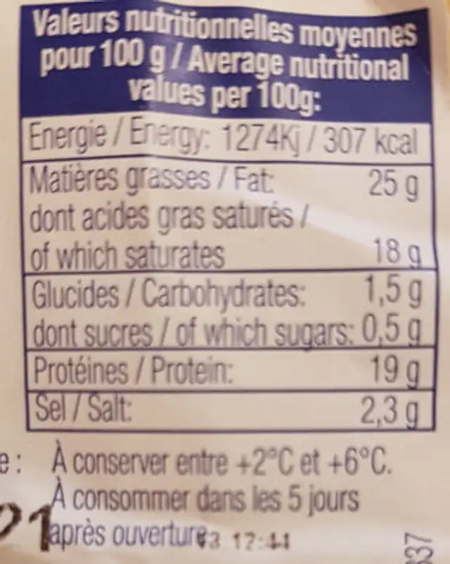 Carré d'Aurillac - Bleu fromage à pâte persillée nutrition facts table