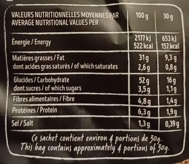 Chips saveur sauce barbecue nutrition facts table