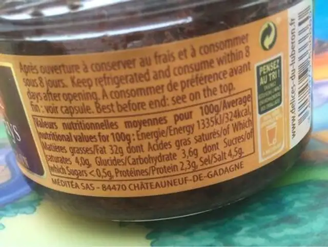 Tapenade nutrition facts table