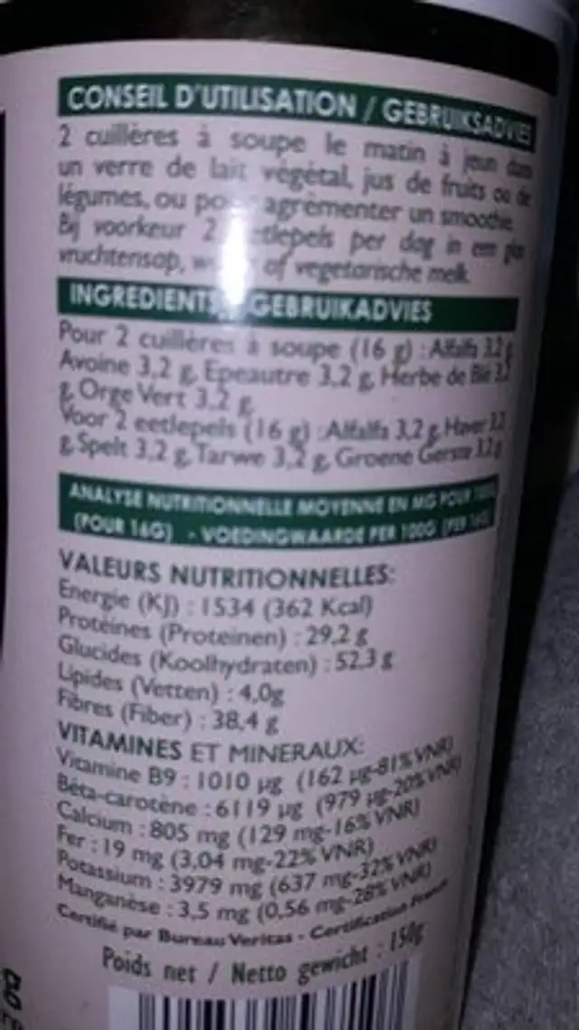 Mix Bio Green - 150 G - SFB nutrition facts table
