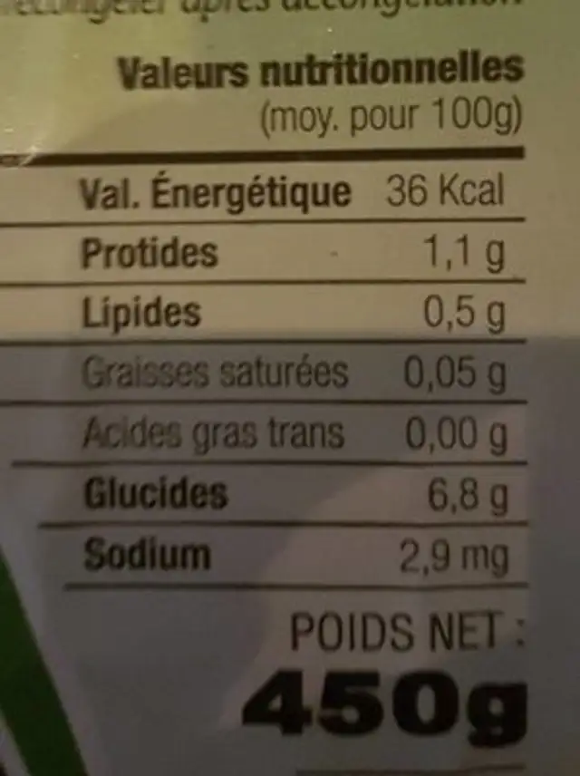 Mélange de fruits rouges surgelés nutrition facts table