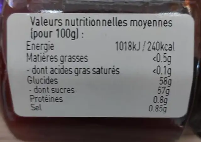 Confit de poivrons framboise et piment de Cayenne nutrition facts table