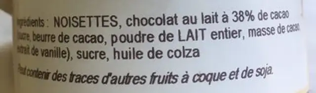 Pâte à Tartiner véritable Chocolat au Lait et Noisettes ingredients label