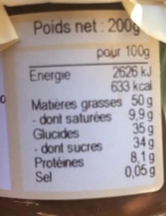 Pâte à Tartiner véritable Chocolat au Lait et Noisettes nutrition facts table