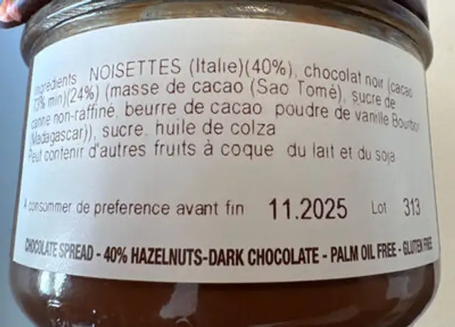 Pâte à Tartiner Noisettes Chocolat Noir ingredients label