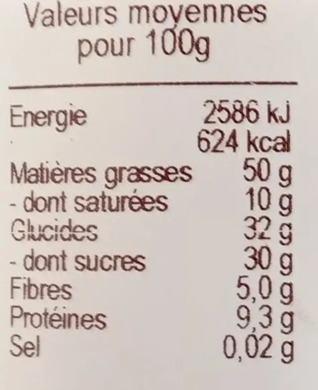 Pâte à Tartiner Noisettes Chocolat Noir nutrition facts table