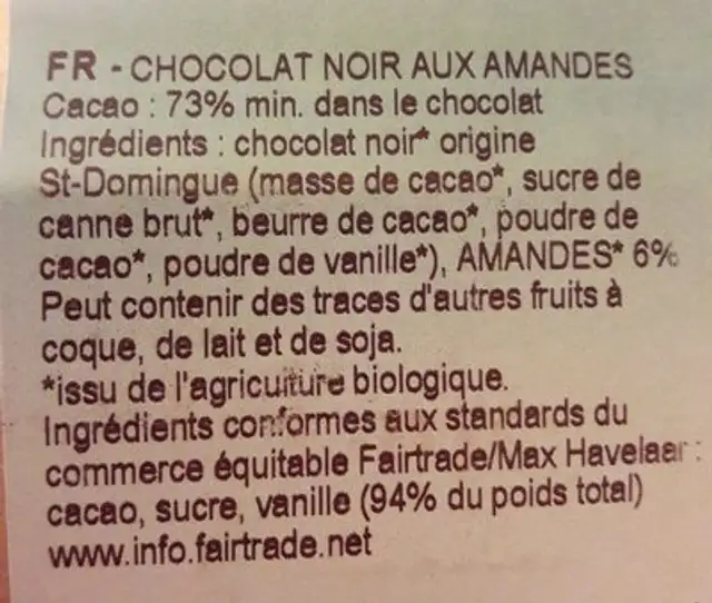 Chocolat noir bio Amandes ingredients label