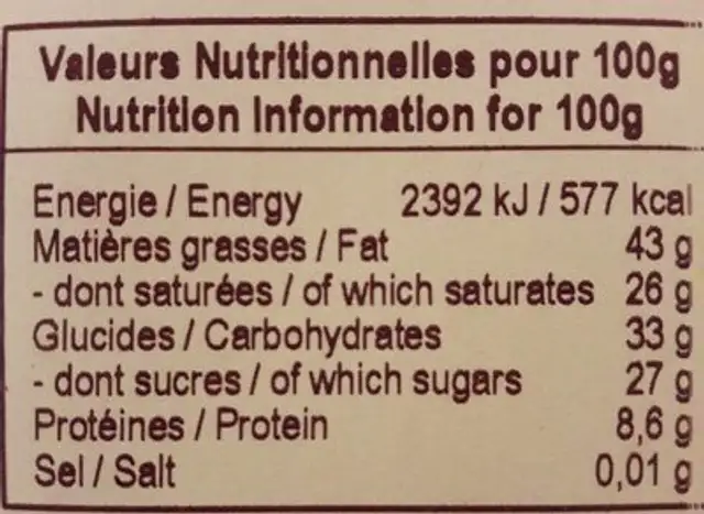 Chocolat noir bio Amandes nutrition facts table