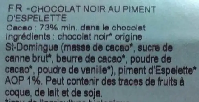 Chocolat noir bio piment d'Espelette ingredients label