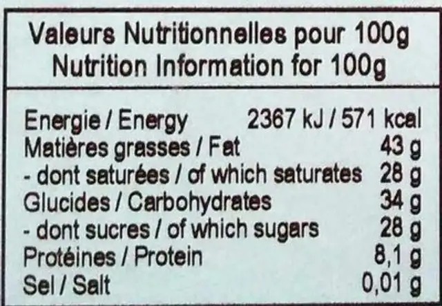 Chocolat noir bio piment d'Espelette nutrition facts table