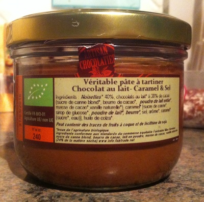 Pâte à tartiner Bio sans huile de palme, sans gluten front packaging