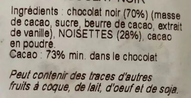 Noisettes enrobées de chocolat noir ingredients label