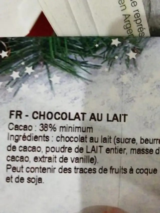 Chocolat au lait 38%cacao ingredients label