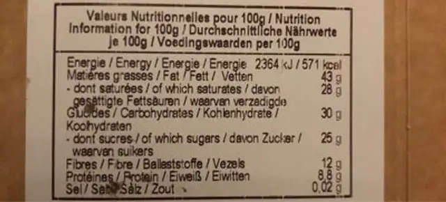 Tablette chocolat noir noix de coco nutrition facts table