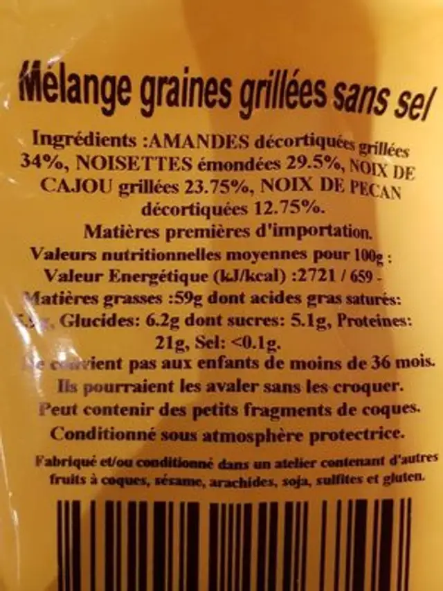 Mélange graines grillées non salées ingredients label
