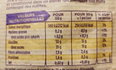 Pruneaux d’Agen dénoyautés nutrition facts table
