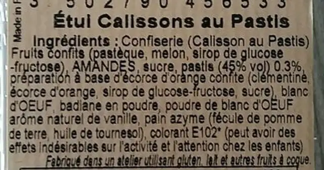 Calissons au pastis ingredients label