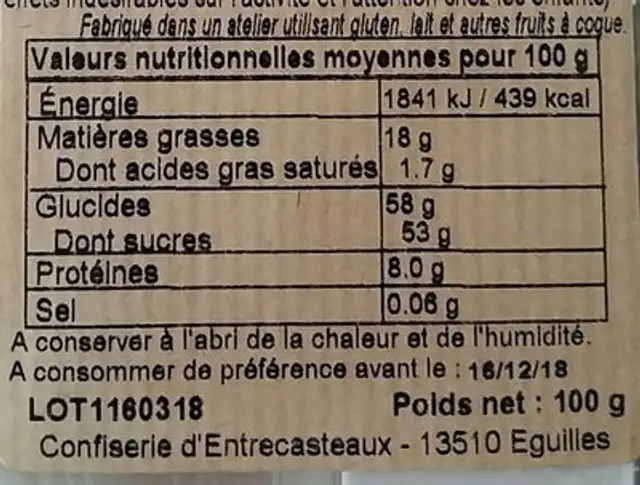 Calissons au pastis nutrition facts table
