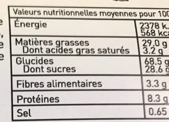 Croquants Amandes et Miel nutrition facts table