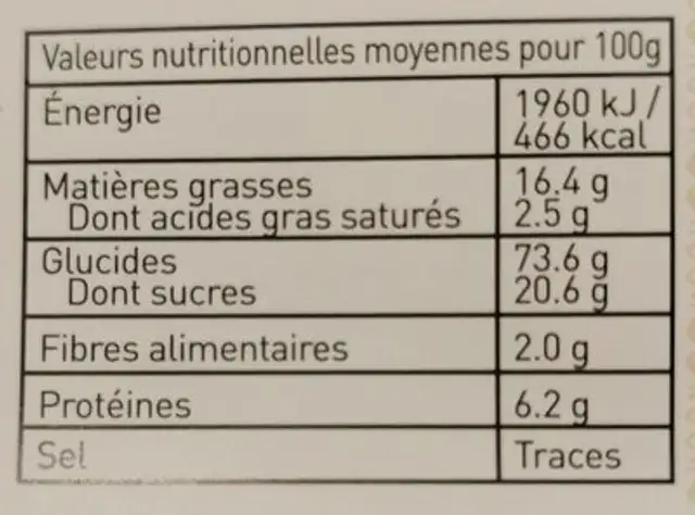 Longuettes de provence nutrition facts table