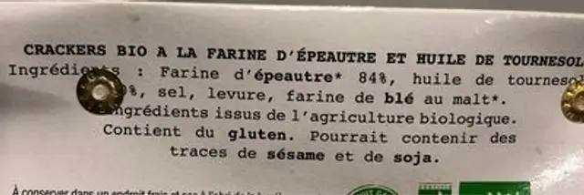 Crackers à l'épeautre bio ingredients label