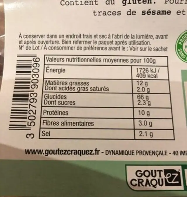 Crackers à l'épeautre bio nutrition facts table