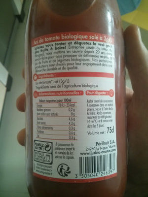 Jus De Tomate De Marmande ingredients label