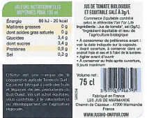 Jus De Tomate De Marmande nutrition facts table