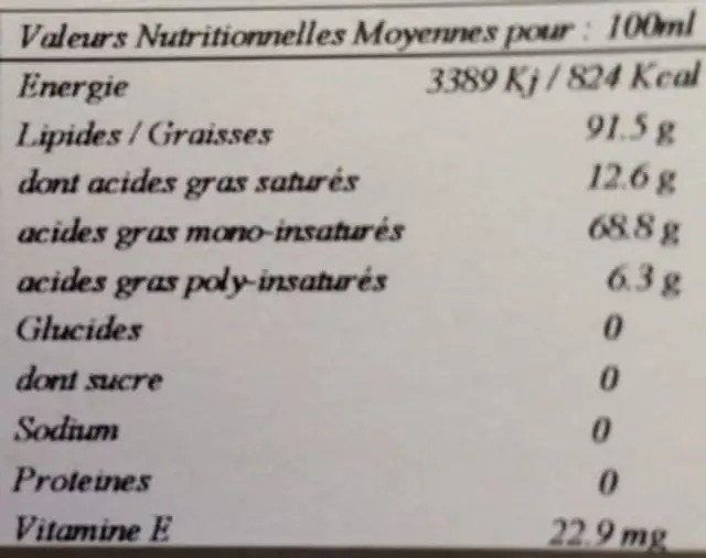 Huile d'olive Bio "non filtrée" nutrition facts table