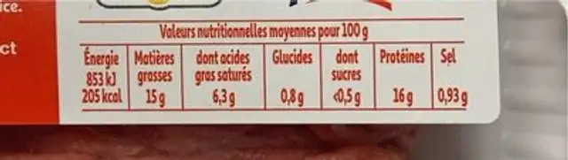 Haché au bœuf nutrition facts table