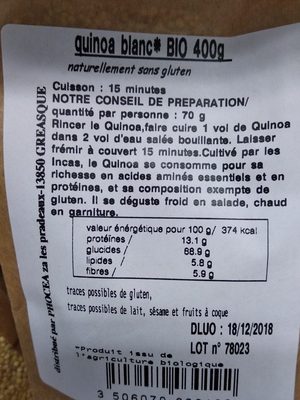 Quinoa blanc bio ingredients label