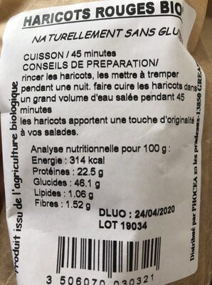 Haricot rouges sans gluten ingredients label