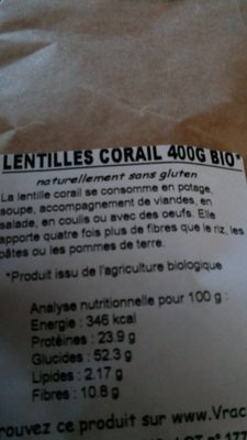 Lentilles corail ingredients label