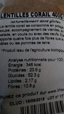 Lentilles corail nutrition facts table