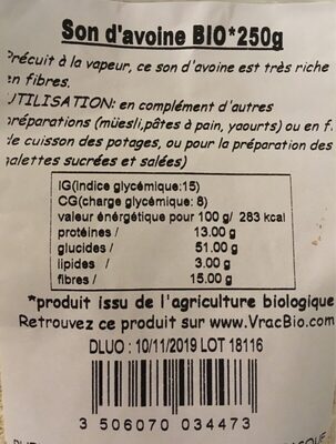Son d'avoine ingredients label