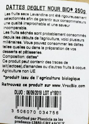 Dattes ingredients label