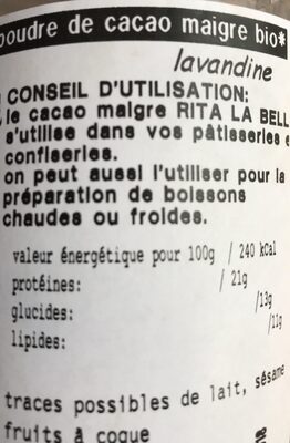 Cacao poudre degraissé ingredients label