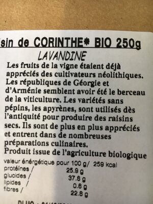 Raisin de Corinthe ingredients label