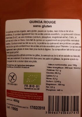 Quinoa  Rouge Bio ingredients label